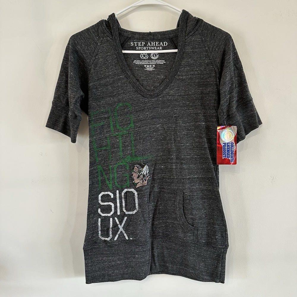 NEW Women's‎ UND Fighting Sioux Gray Hooded Pullover Shirt Large ND Hockey VTG